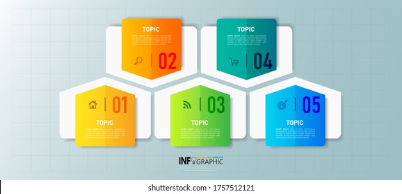 Plantilla de elementos de infografía, concepto de negocio 3D con 5 pasos o opciones, se puede utilizar para diseño de flujo de trabajo, diagrama, informe anual, diseño web.Banner creativo, vector de etiqueta.