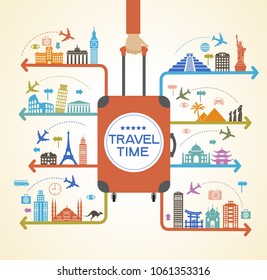 Infographics elements: Travel and Famous Landmarks. A set of elements for travel and vacations. Bright color image on a black background. File is saved in AI10 EPS version.