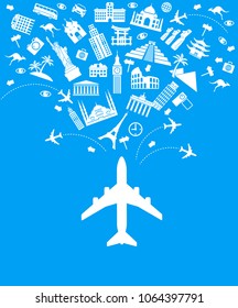Infographics elements: Travel and Famous Landmarks. A set of elements for travel and vacations. Bright color image on a black background. File is saved in AI10 EPS version.