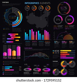 Infographics elements with vector graphs and charts. Business presentation info graphic templates with bar graphs, statistic data step and pie charts, timeline, process and option diagrams svg