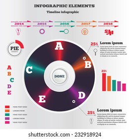 Infographics elements. Vintage record sign.  Pie chart and timeline diagram with icons. Modern colored circle flat graph with five options. Vector illustration.