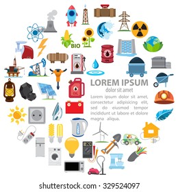 Infographics of energetics, electricity, mining, oil, round composition