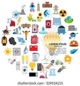 Infographics of energetics, electricity, mining, oil, round composition