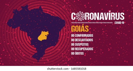 Infographics for epidemic progression in the state of Goias, Brazil. Text in brazilian portuguese saying  "coronavirus, confirmed, discarded, suspect, recovered, deaths".