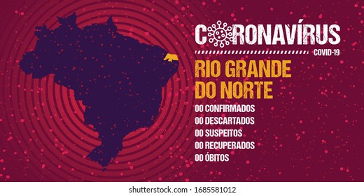 Infographics for epidemic progression in the state of Rio Grande do Norte, Brazil. Text in brazilian portuguese saying  "coronavirus, confirmed, discarded, suspect, recovered, deaths".