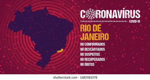 Infographics for epidemic progression in the state of Rio de Janeiro, Brazil. Text in brazilian portuguese saying  "coronavirus, confirmed, discarded, suspect, recovered, deaths".