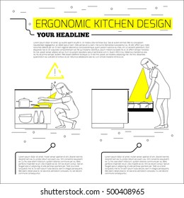 Infographics: ergonomics kitchen design. Vector illustration in line style on white background. Space for your text.

