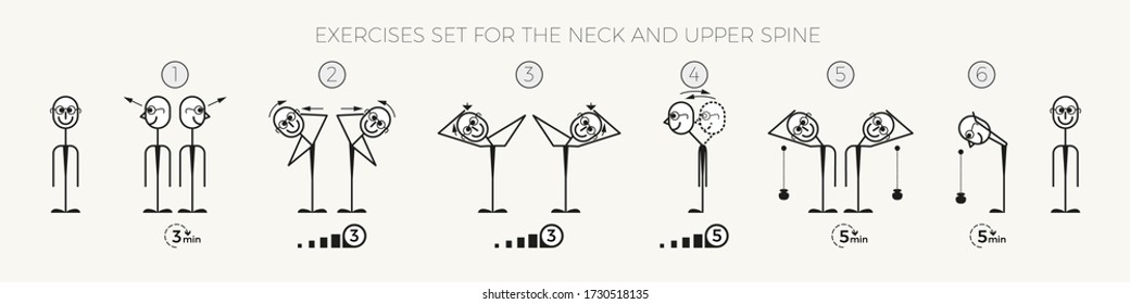 Infographics of exercises set for neck for office worker. Promotion of solid health, young and vital.