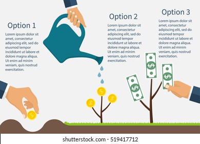 Infographics financial profit growth. Growth process money. Business start-up. Monetary contributions. Business development, revenue, metaphor. Earning, investment. Vector flat design.