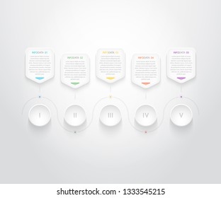 Infographics with five options. Made on a light background of hexagons. The buttons show Roman numerals indicating the option number. Can be used for business presentations and other things.