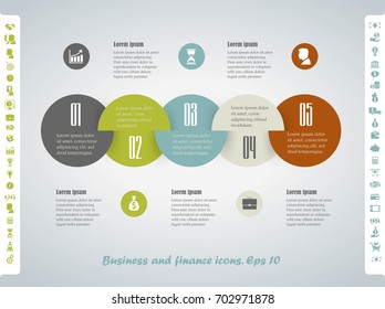 Infographics for five round areas. Horizontal infographics. The set includes business and finance icons. Eps 10