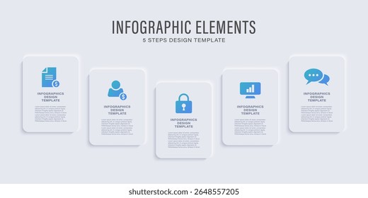Infographics with five steps or options with icons. White infographic layout in neumorphism style