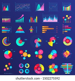 Ilustraciones de neón plano de infografía. Icono de color de crecimiento de flecha gráfica. Análisis de datos, análisis de estadísticas. Gráficos circulares, diagramas, paquetes de clavijas aisladas. Encuesta, resultado porcentual del cuestionario