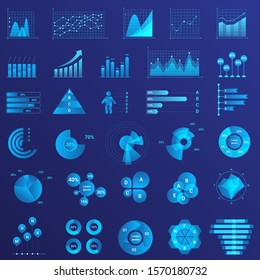 Infographics flat neon light illustrations set. Graph arrow growth color icon. Data analysis, statistics analyzing. Charts, diagrams set vector illustration