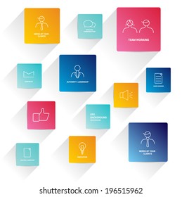 Infographics flat squre icons. Business needs concept. Simply minimalistic editable network scheme. Vector background. 