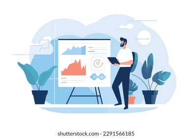Infographics in flat vector style. Worker explaining tasks in front of a poster