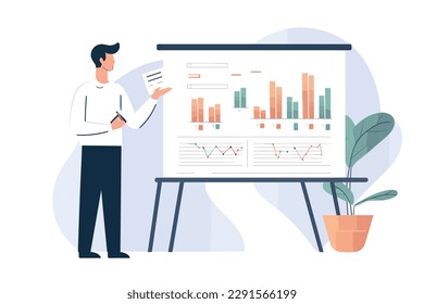 Infographics in flat vector style. Worker explaining tasks in front of a poster