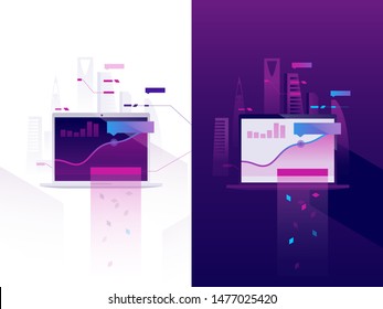 Infographics floating over the laptop screen on the cityscape background. Business and statistics. Flat vector illustrations.
