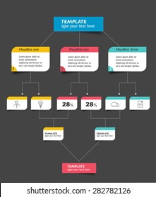 Infographics flowchart. Colored shadows scheme. Isolated on black.