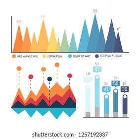 Infographics and flowcharts, tables and scales vector. Scheme with color distinguishing information. Visualization and comparison of data in graphics