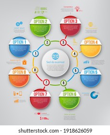 Infographics flower style chart menu with 8 round options, colorful bright design, vector template
