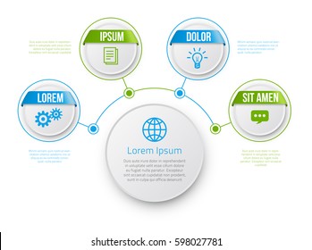 Infographics flower style chart menu with 4 round options, green and blue calm corporate design, vector template