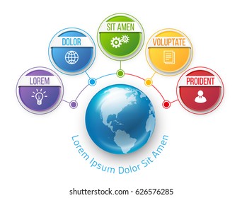 Infographics flower style chart menu with 5 round options and globe in center, colorful bright design, vector template