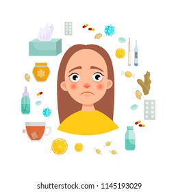 Infographics of flu. Cute sick girl. Treatment of colds