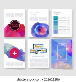 Infographics, Flyer and Brochure Designs set. Vector brochure design templates collection. Vector Poster Templates with Watercolor Paint Splash. Modern flat design icons for mobile or smartphone. 