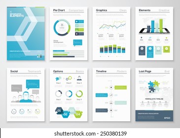 Infographics flyer and brochure designs and web templates vectors. Data visualization and statistic elements for print, website, corporate reports and graphic projects. 