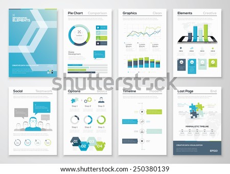 Infographics flyer and brochure designs and web templates vectors. Data visualization and statistic elements for print, website, corporate reports and graphic projects. 