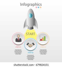 Infographics. Flying rocket. Three steps. Vector.