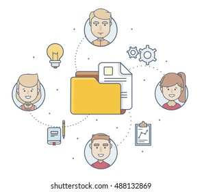 Infographics with a folder with documents and portraits of people icons in flat style on white background
