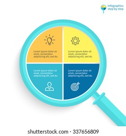 Infographics in the form of flat magnifying glass. Pie chart, graph, diagram with 4 steps, options, parts, processes. Vector business template.
