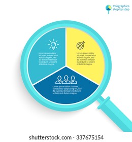 Infographics in the form of flat magnifying glass. Pie chart, graph, diagram with 3 steps, options, parts, processes. Vector business template.