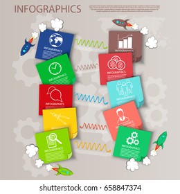 Infographics in the form of notes with flying rockets