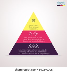 Infographics In The Form Of Pyramid With Colored Sections. Triangle Chart, Graph, Diagram With 3 Steps, Options, Parts. Vector Business Template For Presentation.