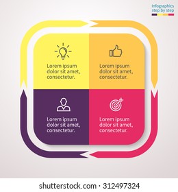 Infographics in the form of a square with rounded edges and external arrows. Abstract chart, graph, diagram with 4 steps, options, parts, processes. Vector template for presentation.