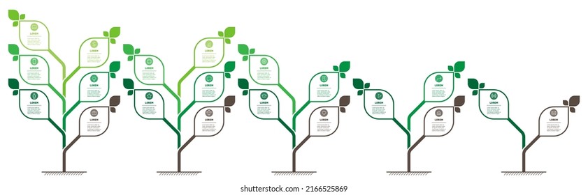 Infografía en forma de Árboles con hojas. Desarrollo y crecimiento de la tecnología verde. Presentación empresarial con 5 pasos o procesos. Gráfico informativo. Líneas cronológicas con 2, 3, 4, 5 y 6 partes. 