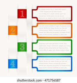 Infographics. Four consecutive frame elements of different colors with lots of room for text and descriptions.
