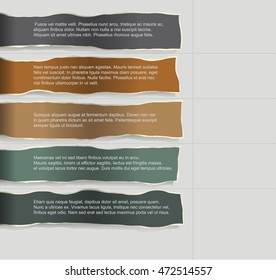 Infographics. Four consecutive torn paper of different colors with lots of room for text and descriptions.