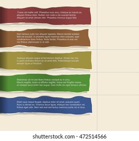 Infographics. Four consecutive torn paper of different colors with lots of room for text and descriptions.