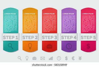Infographics frames. Infographic templates. Vector elements 5 steps. Info graphic timeline data for text, brochure, web design with icons. Business concept..