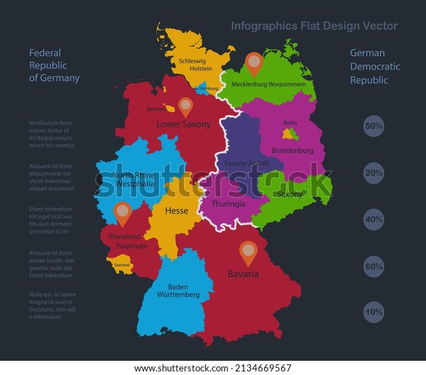 Infographics Germany map divided on West and East\
Germany with names of regions, flat design colors, blue background\
with orange points\
vector