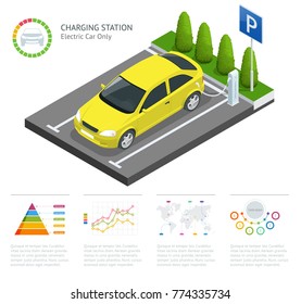 Infographics and Green electric car charging point vector. Renewable eco technologies. Green power.