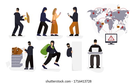 Infographics of hacker cyber crime with hacking and identity theft illustrations. Cyber attack of personal data, information, email. Vector drawing