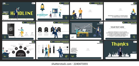 Infographics, headline.Businessman plans business presentation finances, powerpoint, launch of new project.Design template elements, white background, set.A team of people creates a business, teamwork