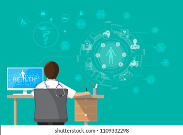  Infographics Health, Concept Doctor Sitting At Office Desk And Working On His Computer With Medical Equipment All Around, Back View Vector Illustration 