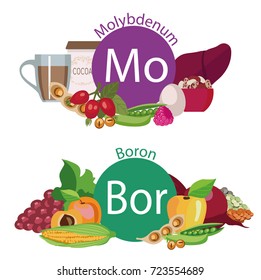 Infographics "Health food". Foods rich in microelements of molybdenum and boron. Illustration from the series "Healthy lifestyle." Organic food