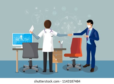  Infographics Health,Concept Doctor and Patient Standing Shake hands at office desk and working on his computer with medical equipment all around, back view Vector illustration 